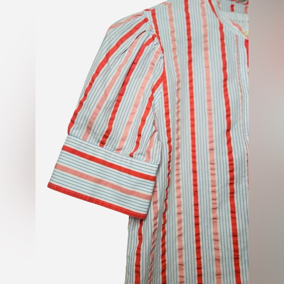 The Shirt by Rochelle Behrens Coral Blue Striped Button-Up Blouse Top Size Small - Picture 6 of 12